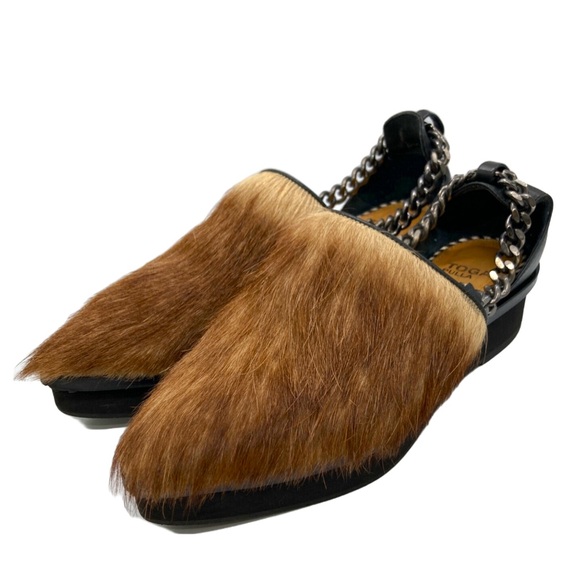 TOGA Pulla Shoes - NWT TOGA PULLA Pony Hair Brown Cream Leather Chain Platform Loafer Flat Shoes 39
